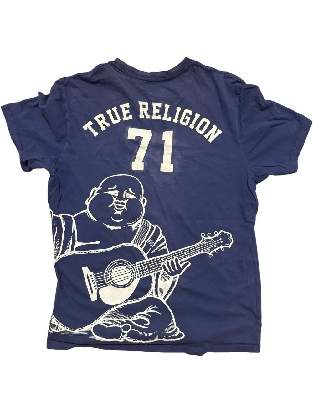 True Religion Navy Short-Sleeve Graphic Tee with White Logo Buddha guitar medium